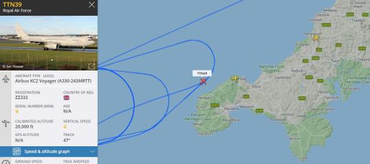 The flightpath of an RAF aircraft flying above Cornwall today (Picture: FlightRadar24.com)